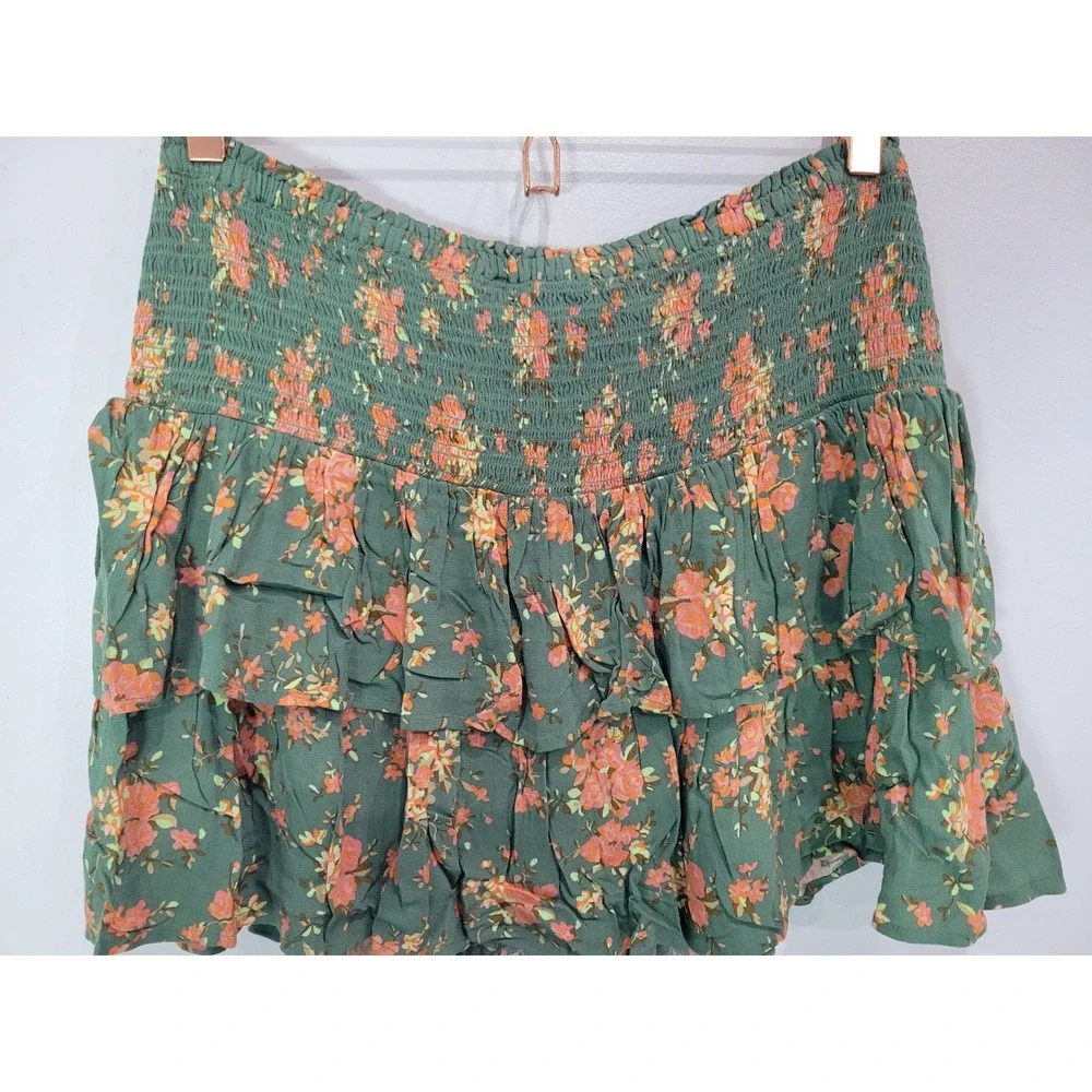 Aerie‎ Smocked Tiered Floral Mini Skirt Green Orange Womens L